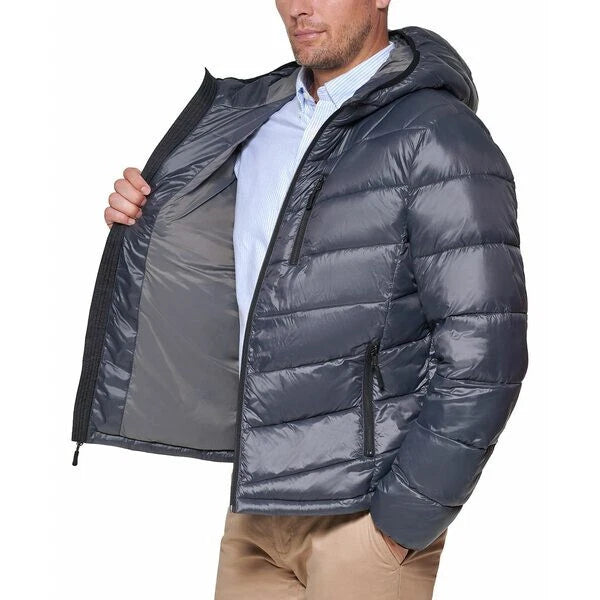 Club Room Men's Chevron Quilted Hooded Puffer Jacket Charcoal Size XL