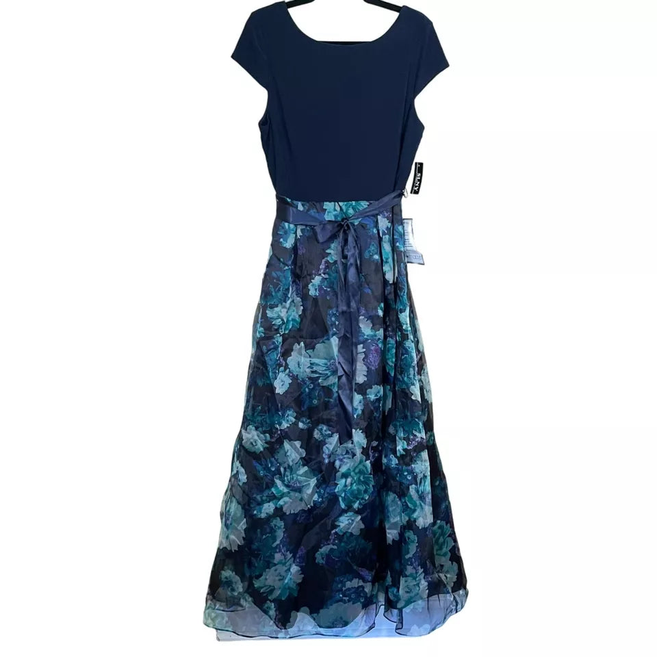 SL Fashions Floral-Organza Formal Gown Maxi Dress Navy Floral Size 8