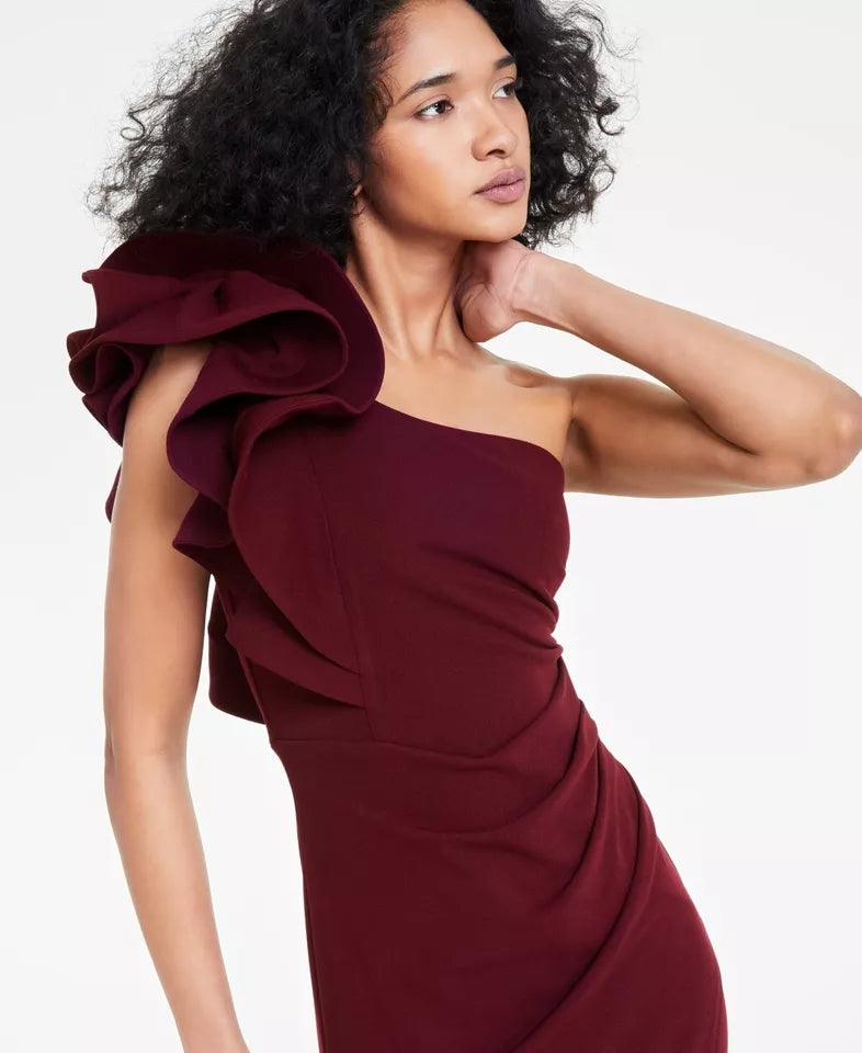 Emerald Sundae Juniors Ruffle-Shoulder Mermaid Gown Color Wine Size XL