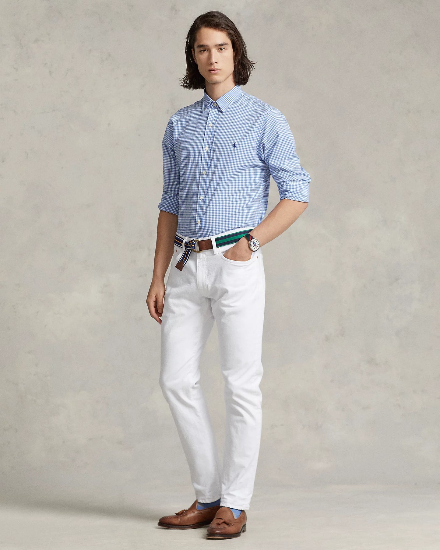 Polo Ralph Lauren Men's Slim Fit Gingham Stretch Poplin Shirt Color Blue/White Check Size S
