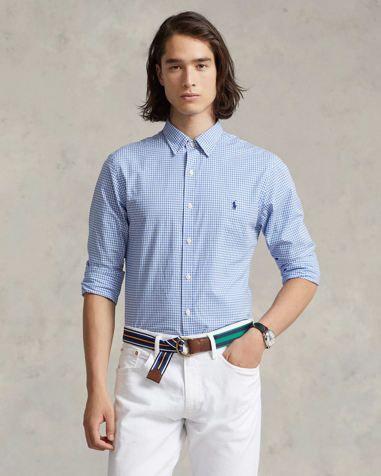 Polo Ralph Lauren Men's Slim Fit Gingham Stretch Poplin Shirt Color Blue/White Check Size S