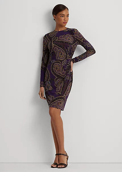 Lauren Ralph Lauren Women's Paisley Twist-Front Stretch Jersey Dress Color Purple Multi Size 4