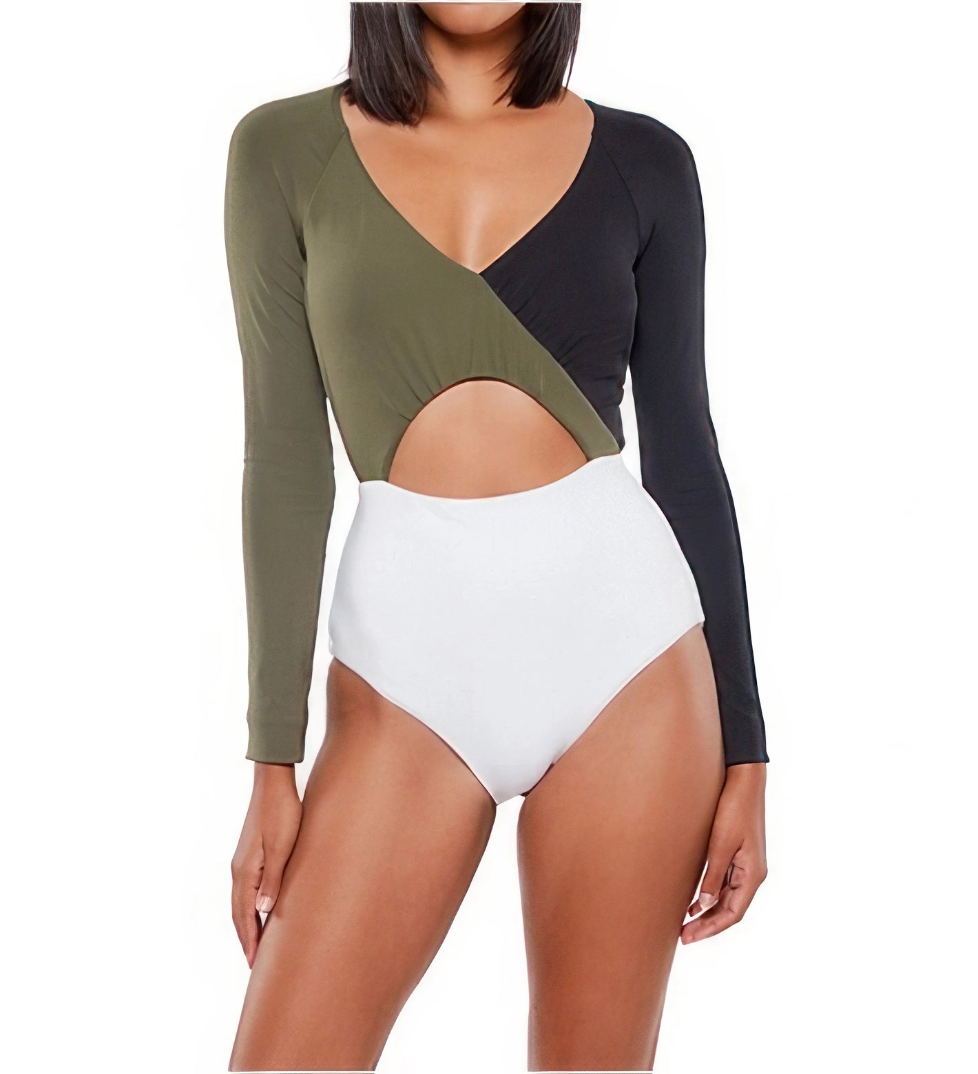 Sanctuary Block Party Long Sleeve One Piece Swimsuit Color Black/Green Size XL