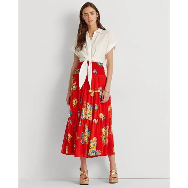 Lauren Ralph Lauren Women's Plus Size Tiered Midi Skirt Color Bright Hibiscus Multi Size 2X