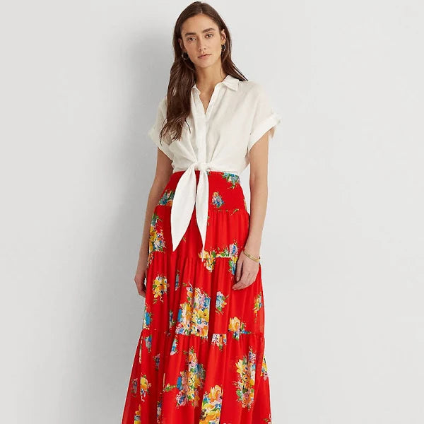 Lauren Ralph Lauren Women's Plus Size Tiered Midi Skirt Color Bright Hibiscus Multi Size 2X