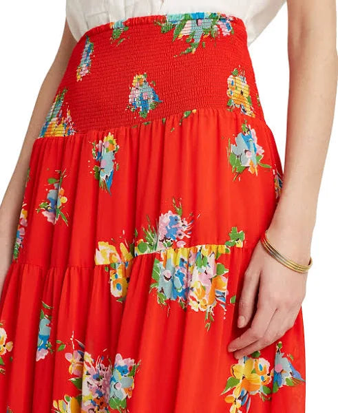 Lauren Ralph Lauren Women's Plus Size Tiered Midi Skirt Color Bright Hibiscus Multi Size 2X