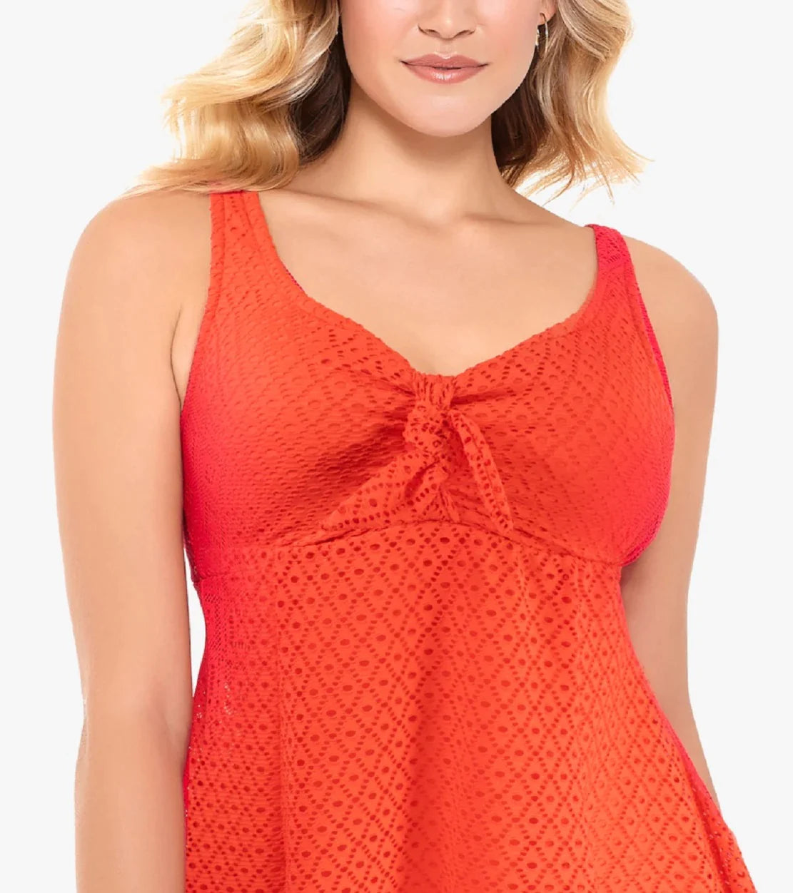 Swim Solutions Crochet Bow-Front Tummy-Control Swimsuit Color Coral Size 8