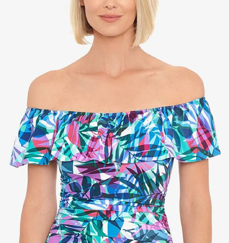 Swim Solutions Off-The-Shoulder Tummy-Control One Piece Swimsuit Color New Prism Multi Size 16