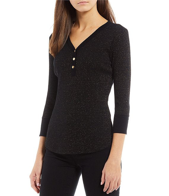 Lauren Ralph Lauren Waffle Knit Henley Neck 3/4 Sleeve Top Color Polo Black Size XL