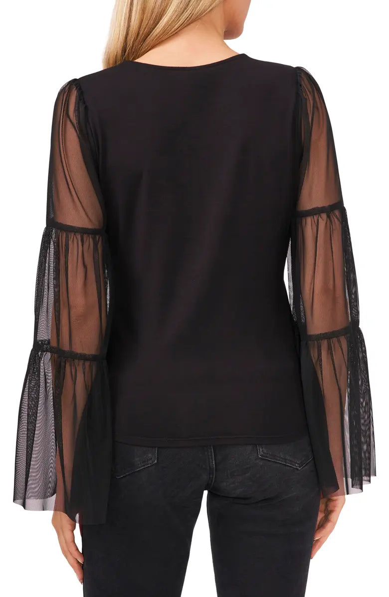 Vince Camuto Women's Mixed-Media Tiered-Sleeve Top Color Rich Black Size XS