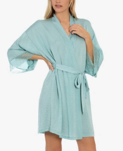 LINEA DONATELLA Lace-trim Hammered Satin Wrap Robe Color Sage Size S