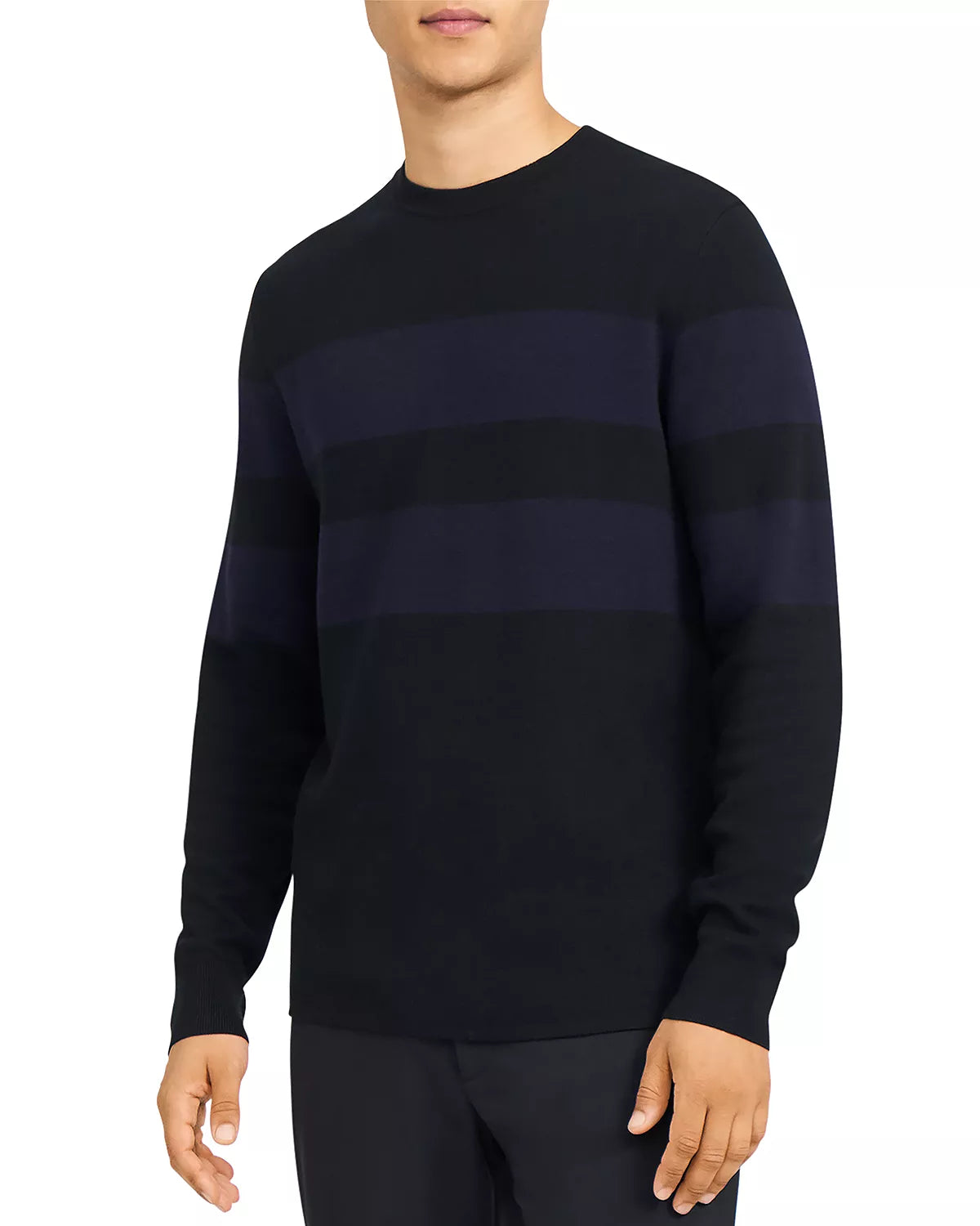 Theory Men's Arnauld Striped Crewneck Merino Sweater Color Black Baltic Size S