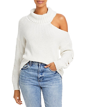 AQUA Cotton Cutout Turtleneck Sweater Color White Size S