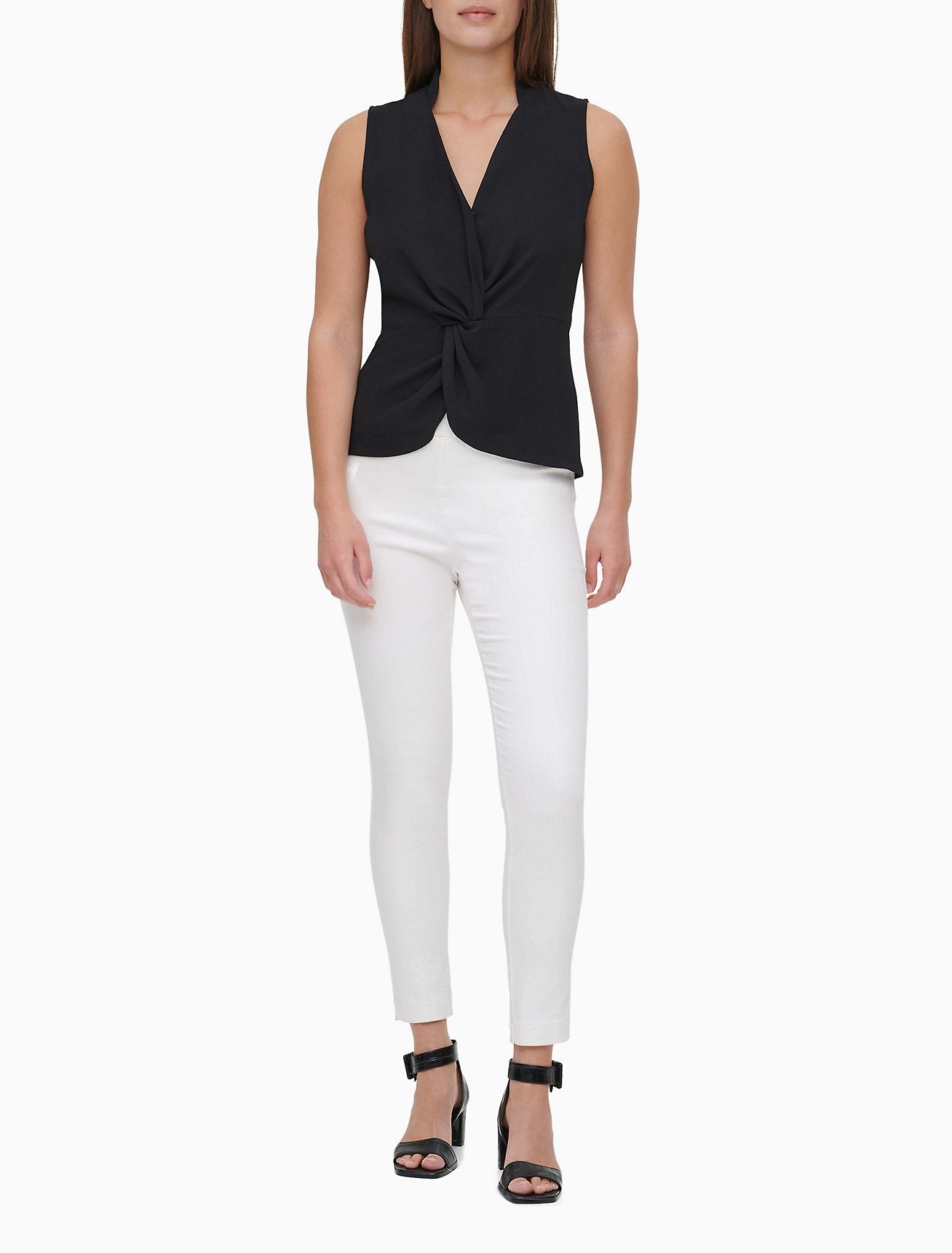 Calvin Klein Solid V-Neck Twist Front Sleeveless Top Color Black Size XS