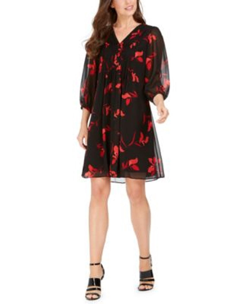 Calvin Klein Petites Floral-Print Pleated Chiffon Dress Color Black/Red Multi Size 0P