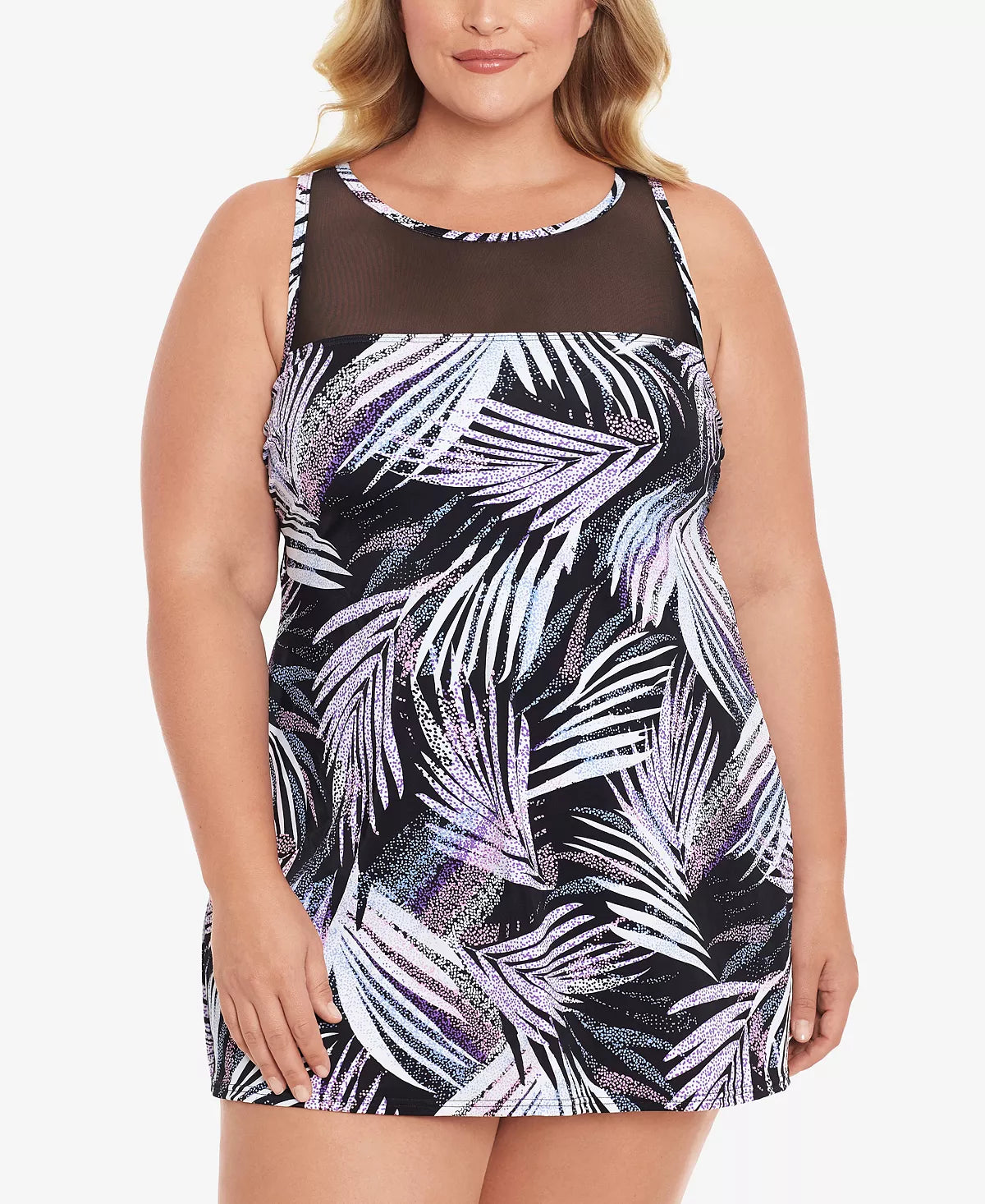 Swim Solutions Plus Size Sprinkle Leaf High-Neck Swimdress Color Black/White Size 22W