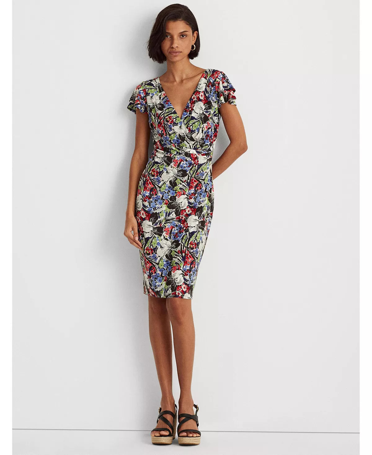 lauren ralph lauren floral jersey surplice dress Ralph Lauren Floral Jersey Sleeveless Surplice Dress In Olive Multi - 41% Off
