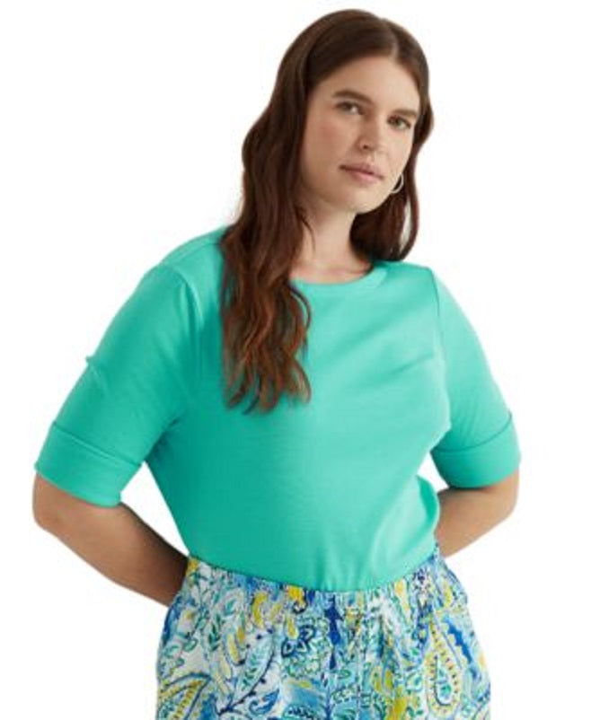 Lauren Ralph Lauren Plus-Size Cotton-Blend Boatneck Top Color Capri Water Size 2X