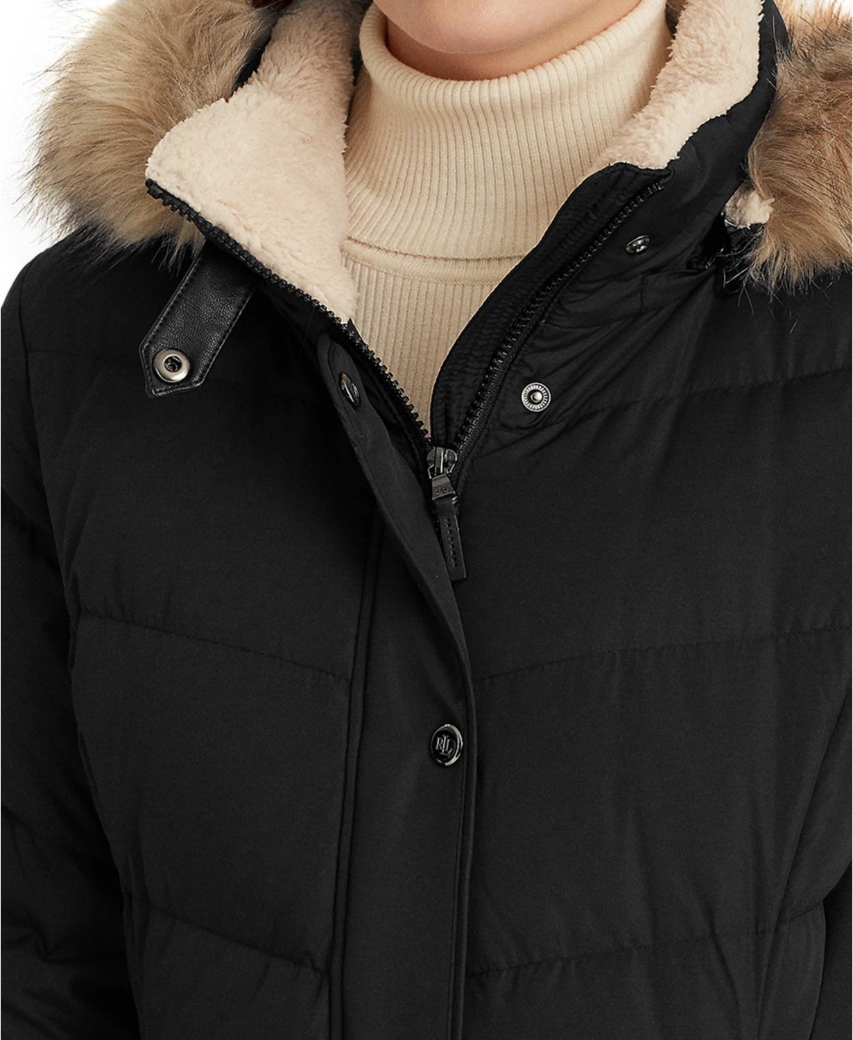 Lauren Ralph Lauren Women's Faux-Fur-Trim Hooded Down Puffer Coat Color Black Size S