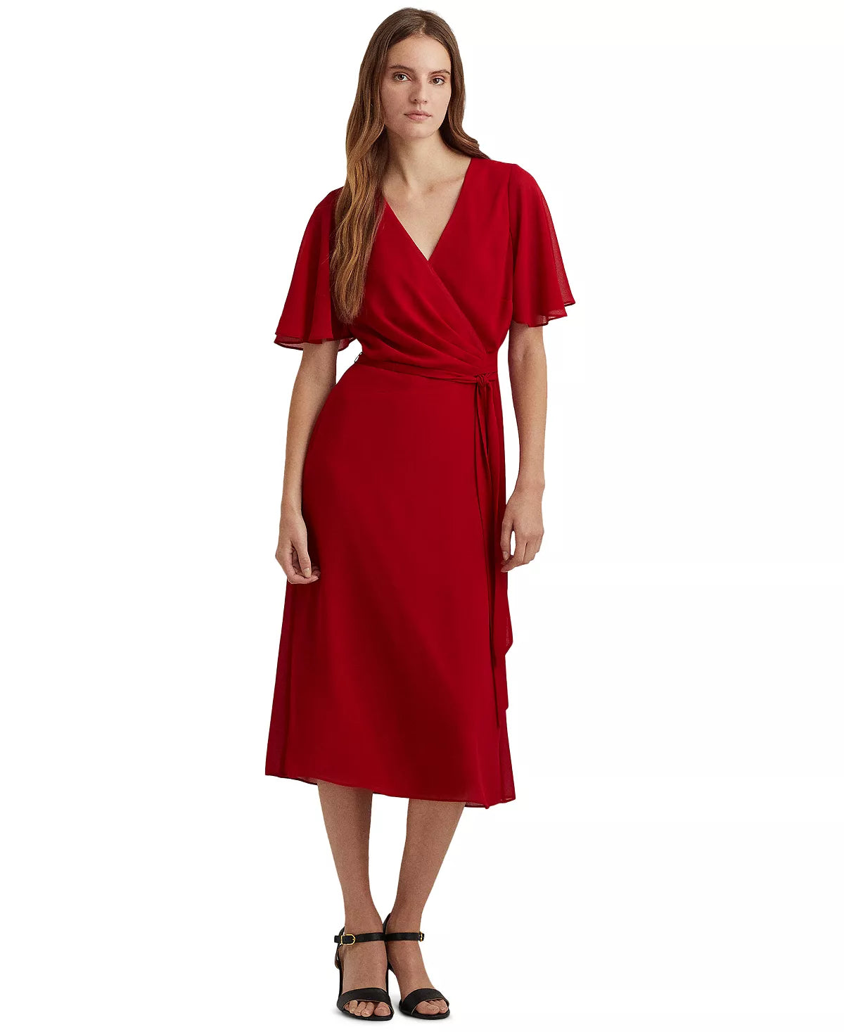 LAUREN RALPH LAUREN Georgette Flutter-Sleeve Dress Color Lakehouse Red Size 12