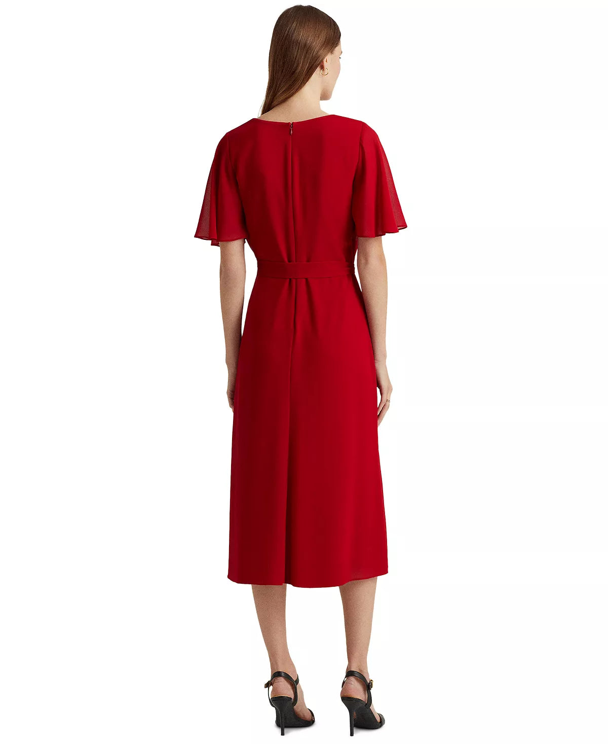 LAUREN RALPH LAUREN Georgette Flutter-Sleeve Dress Color Lakehouse Red Size 12