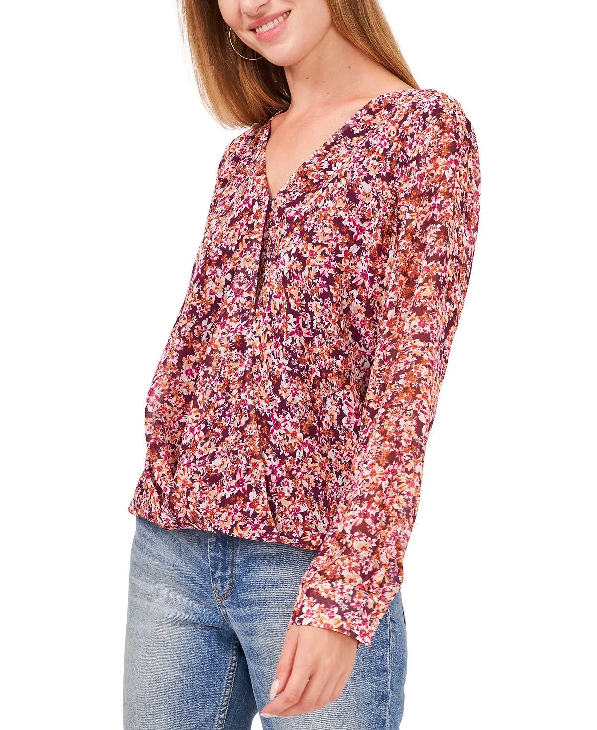 Vince Camuto Floral-Print Wrap-Front Blouse Color Rich Purple Size M
