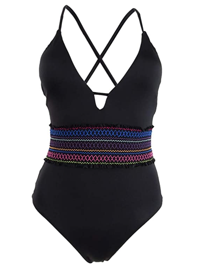 Bar III Women's Smocked Plunging One-Piece Swimsuit Black Size L