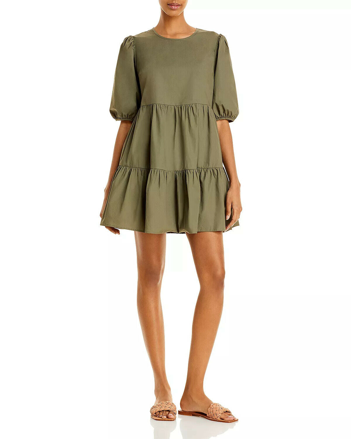 Aqua Women's Ruffled Puff Sleeve Poplin Mini Dress Color Olive Size M