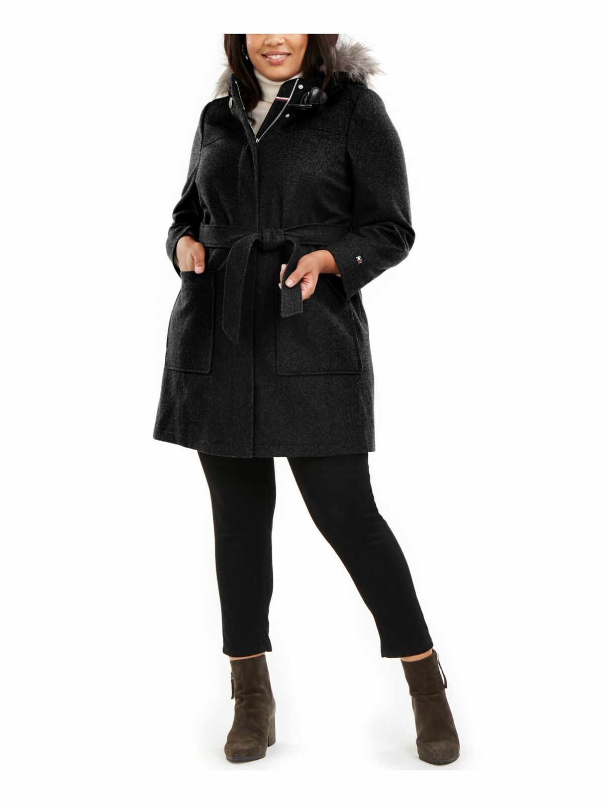 TOMMY HILFIGER Women’s Black Belted Hooded Coat Size 2X