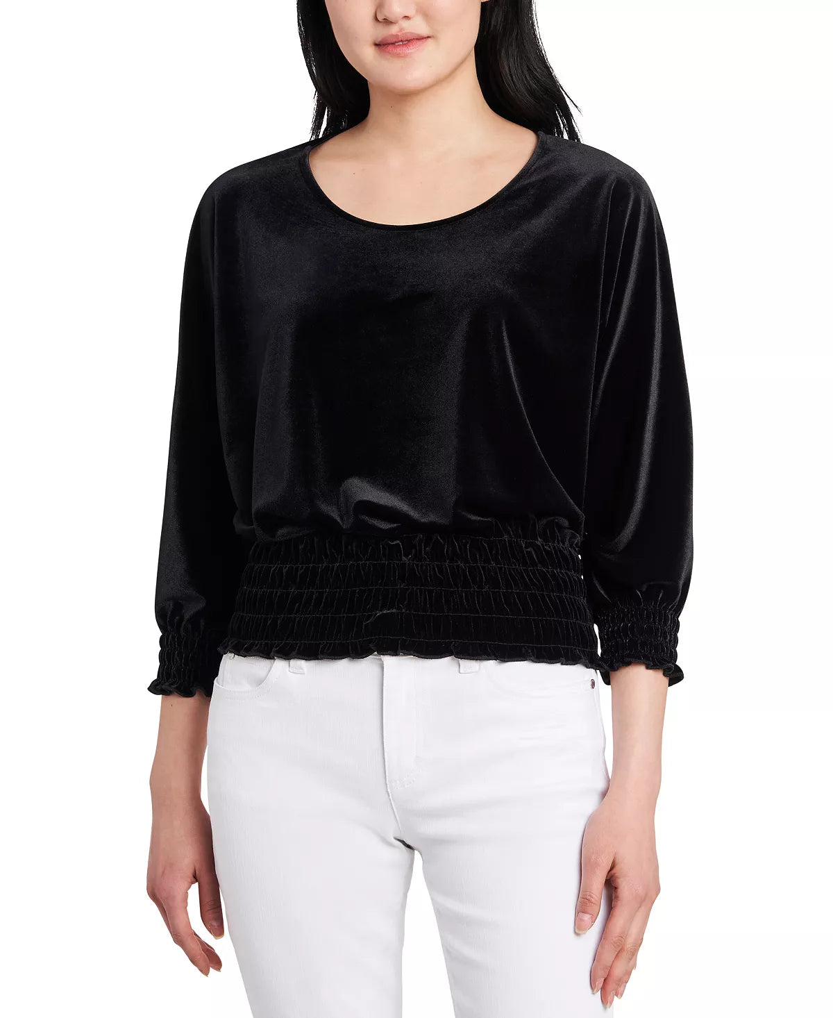 Vince Camuto Women's Smocked-Hem Velour Blouse Color Rich Black Size 2XS