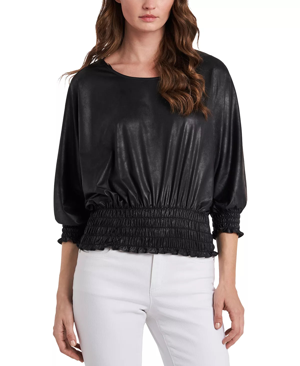 Vince Camuto Womens Smocked-Hem Blouse Color Rich Black Size S