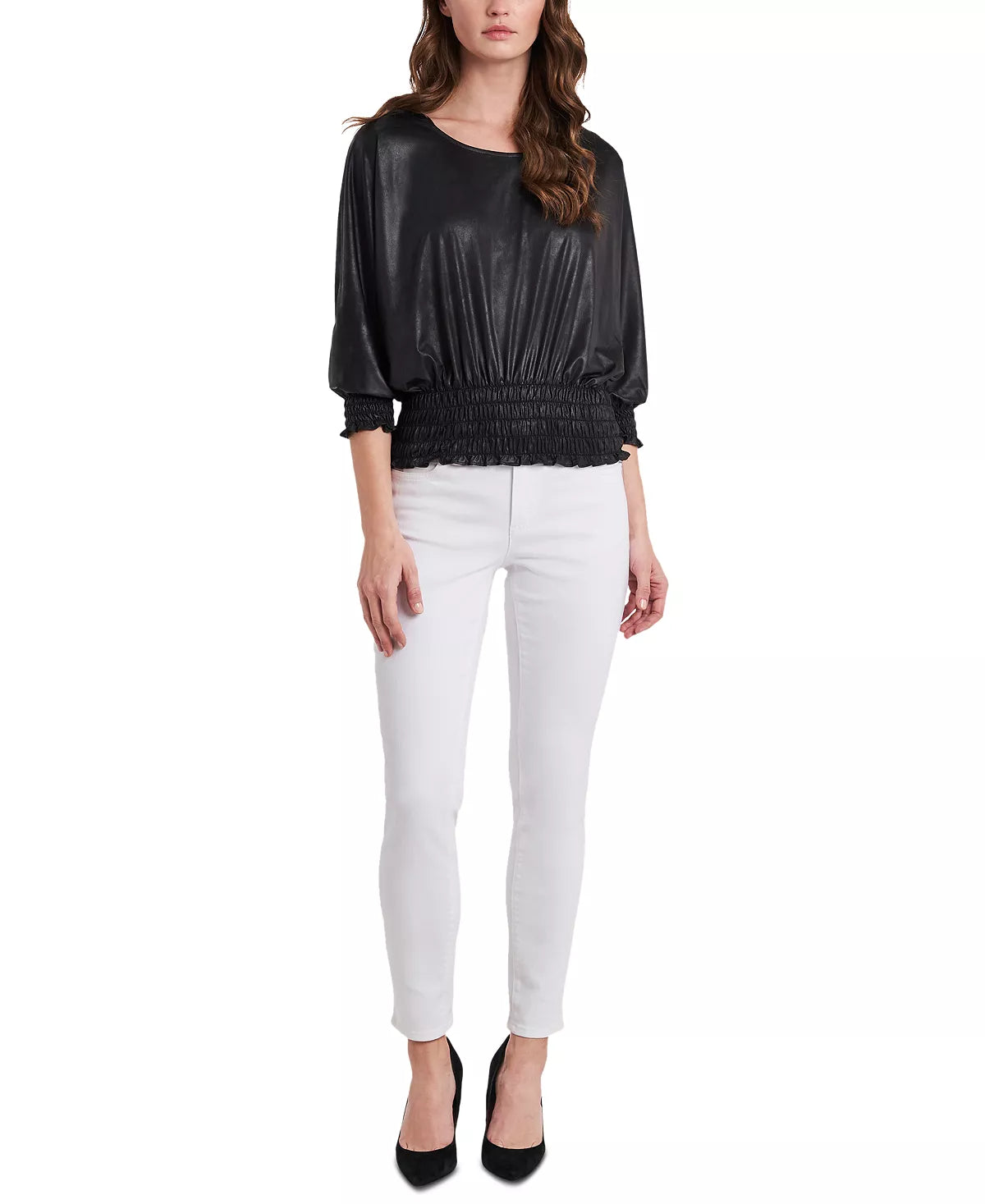 Vince Camuto Womens Smocked-Hem Blouse Color Rich Black Size S