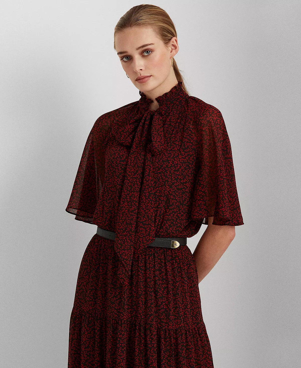 Lauren Ralph Lauren Leaf-Print Georgette Dress Color Lipstick Red/Black Size 4