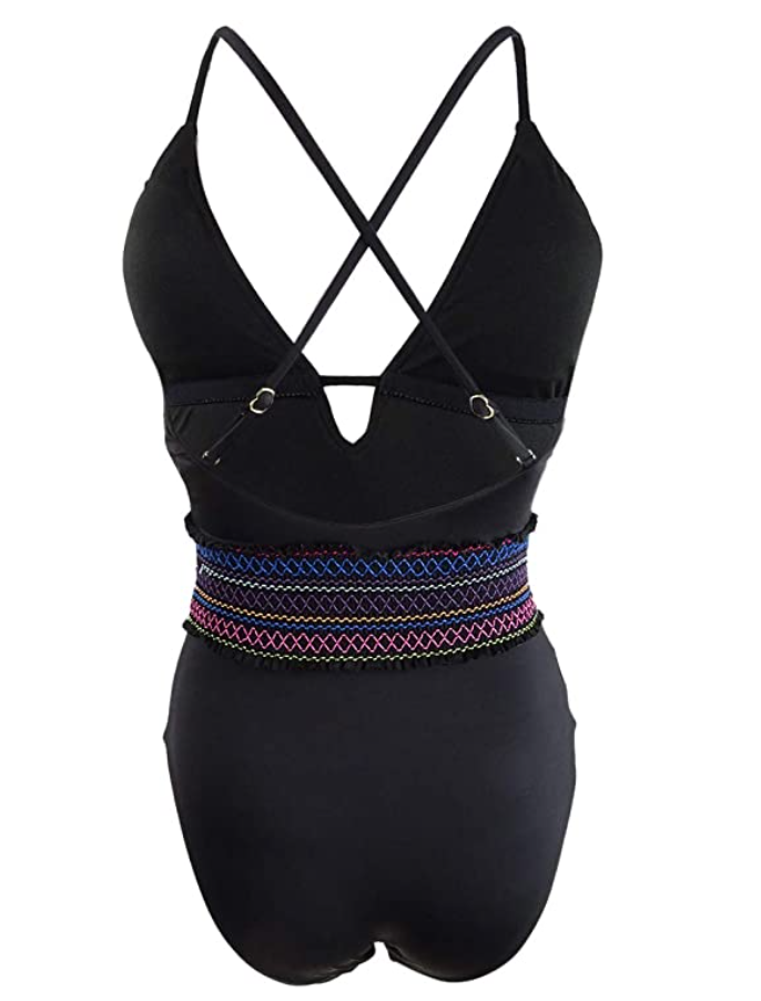 Bar III Women's Smocked Plunging One-Piece Swimsuit Black Size L