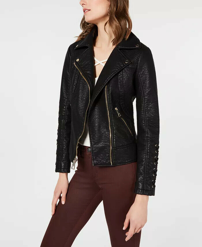 GUESS Women’s Faux-Leather Moto Jacket with Leopard-Print Faux-Fur Collar 22LMU473 Size XS
