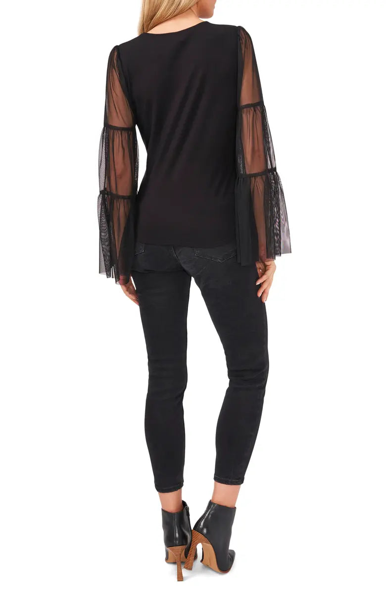Vince Camuto Women's Mixed-Media Tiered-Sleeve Top Color Rich Black Size XS