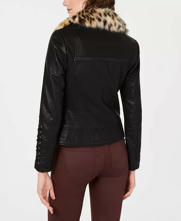 GUESS Women’s Faux-Leather Moto Jacket with Leopard-Print Faux-Fur Collar 22LMU473 Size XS