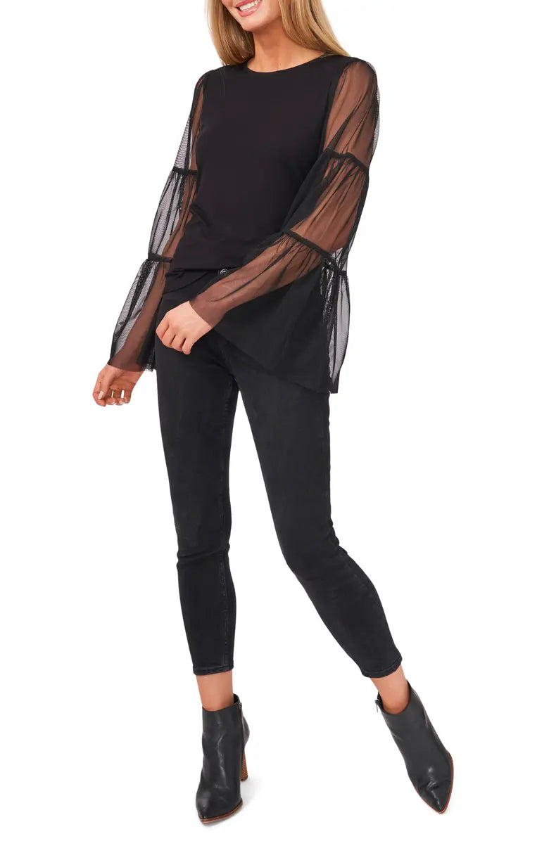Vince Camuto Women's Mixed-Media Tiered-Sleeve Top Color Rich Black Size XS
