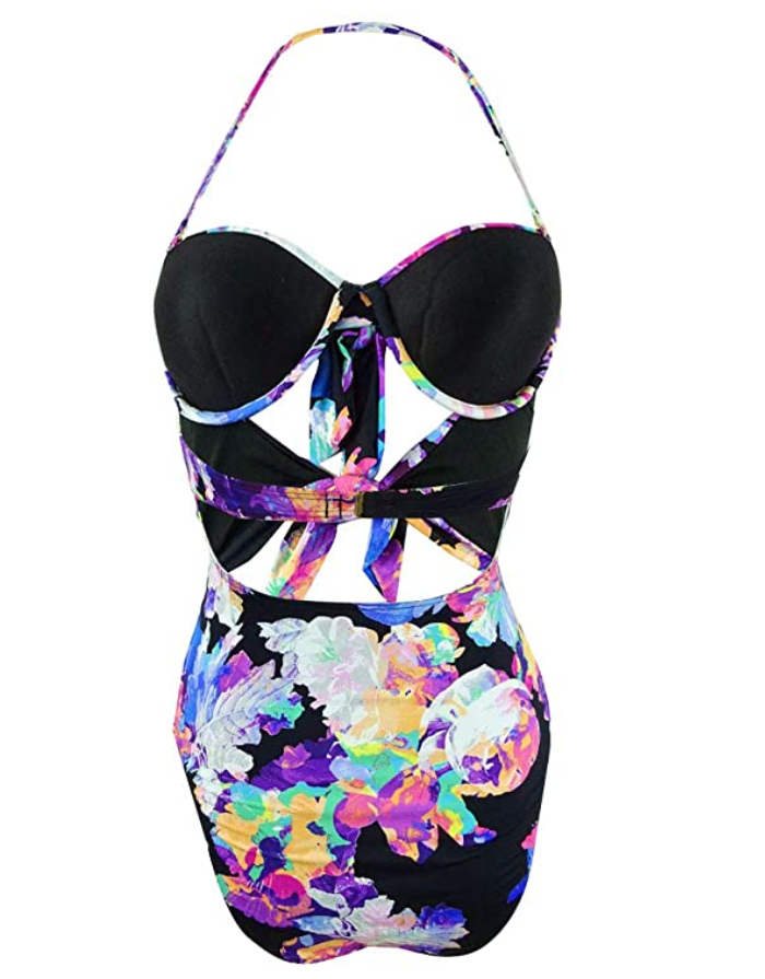 Bar III Tech Floral Printed Tie-Front High Leg One-Piece Swimsuit Size S