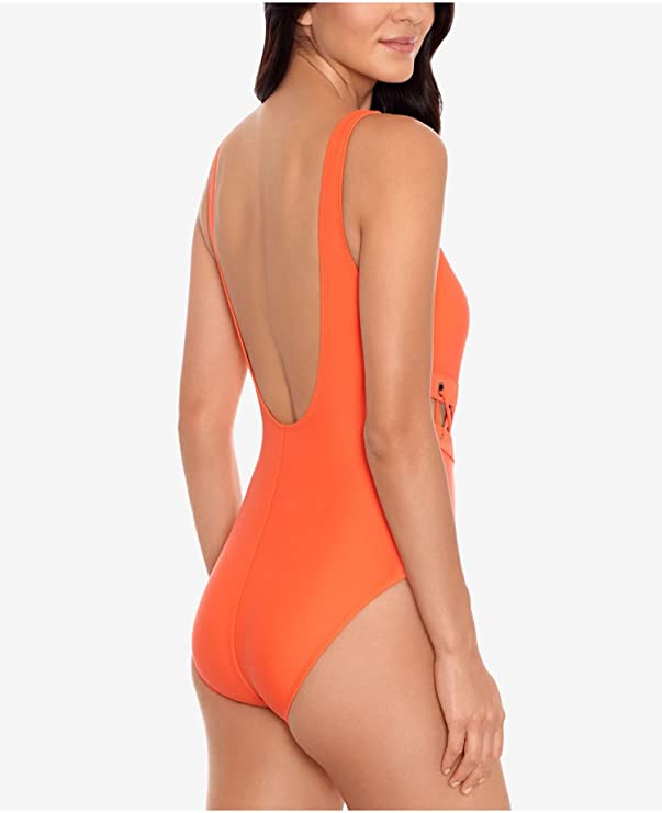 SALT + COVE Women's Stretch Lace-Up Grommets Lined 1-Piece Swimsuit Color Orange Size M