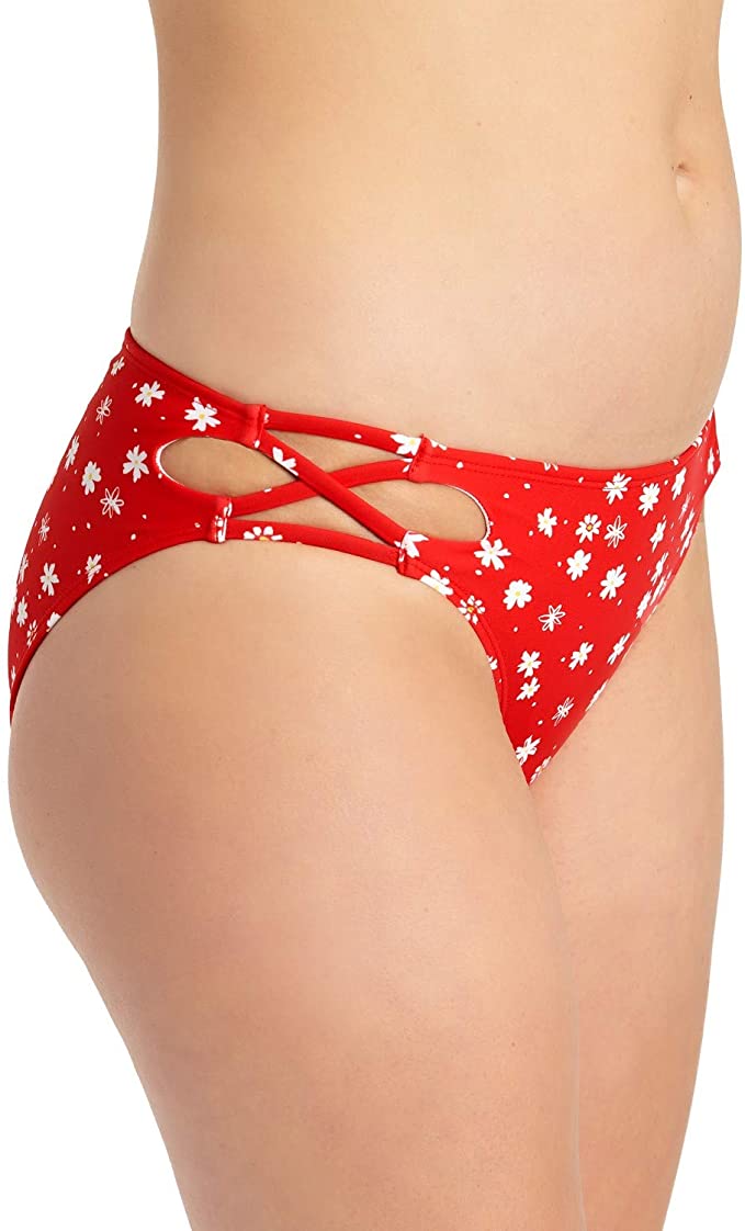 California Waves Juniors' Strappy Hipster Bikini Bottom Color Red Ditsy Size S