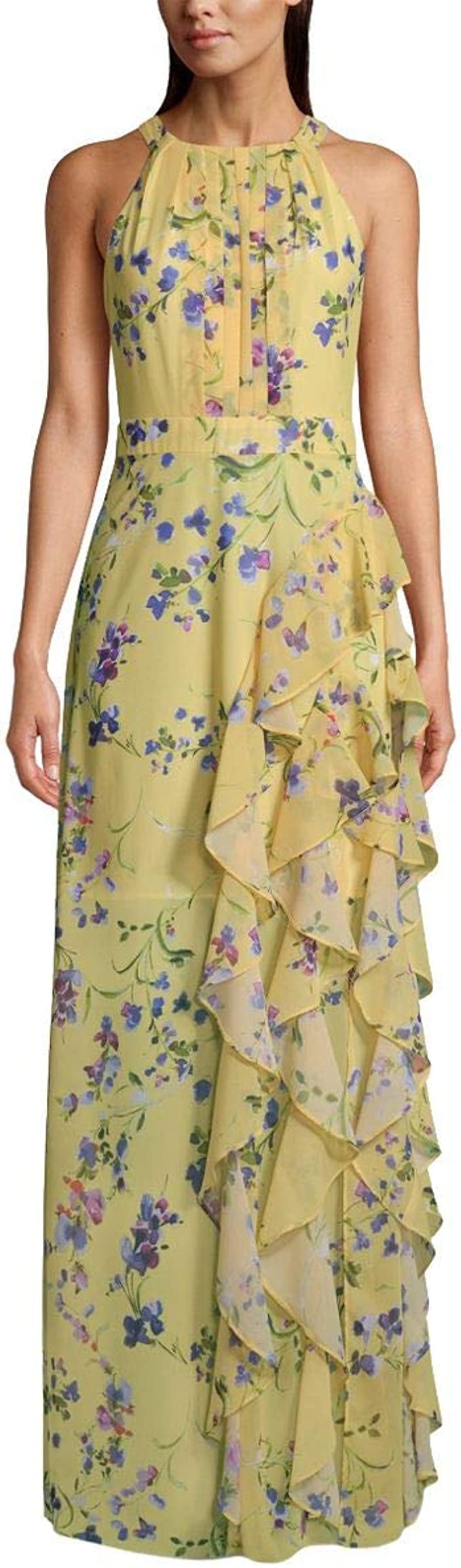 BETSY & ADAM Women's Petite Floral-print Ruffle Gown Dress Color Yellow Size 2P