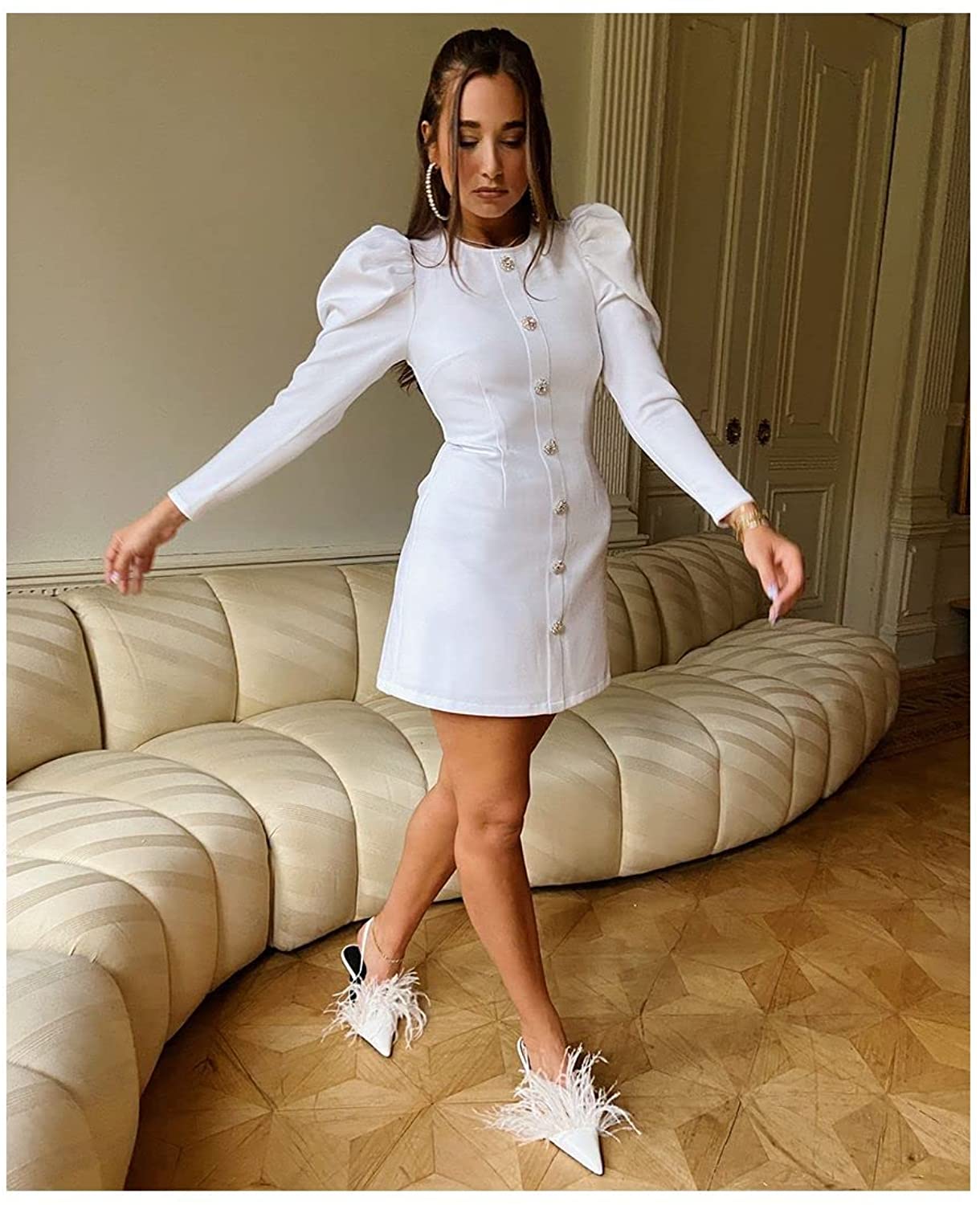 Danielle Bernstein Puffed-Shoulder Rhinestone-Button Sheath Dress Color White Size S