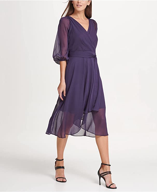 DKNY Women's Chiffon Balloon Sleeve V-Neck Midi Party Dress Color Raisin Size 4