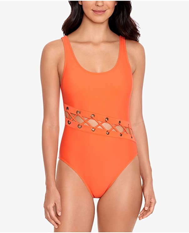 SALT + COVE Women's Stretch Lace-Up Grommets Lined 1-Piece Swimsuit Color Orange Size M