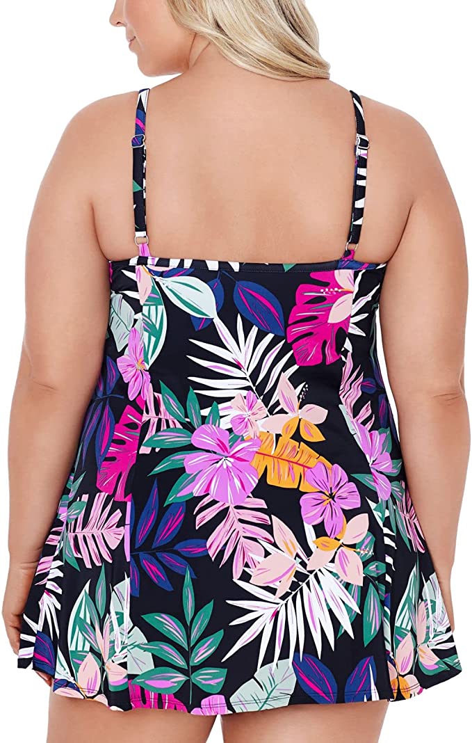 Swim Solutions Plus Size Floral-Print Empire Swimdress Color Floral Black Size 18W