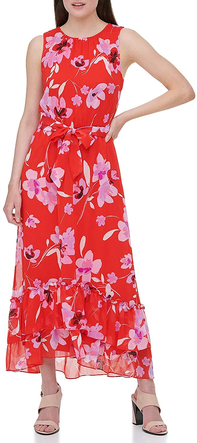 Calvin Klein Sleeveless Printed Dress w/Belt and Ruffles Color Watermelon Wisteria Multi Size L