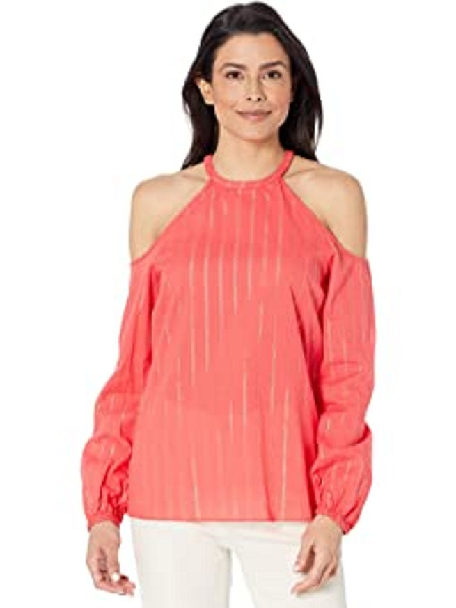 Michael Kors Women's Plus Metallic-Stripe Cold Shoulder Top Color Sangria Size 3X