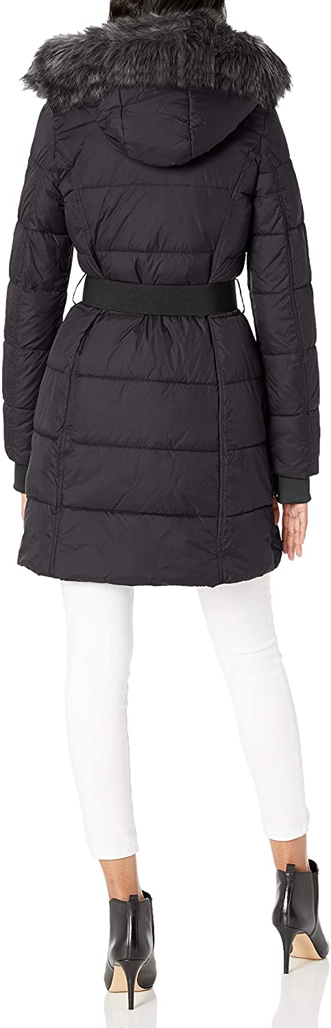 French Connection Women's Belted Zip-Front Puffer w/ Faux-Fur Hood F37179-X9 Size M