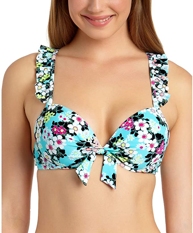 California Waves Juniors' Floral Ruffle X-Back Underwire Push-Up Bikini Top Color Blue Multi Size L